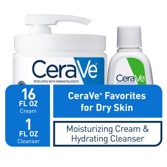Paket Kombinasi Krim Pelembap CeraVe | Berisi 16 oz dengan Pump dan 1 oz Ukuran Percobaan Pembersih Wajah Pelembap/Ukuran Sampel